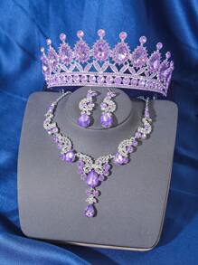 4 件优雅奢华巴洛克水晶皇冠项链耳环配饰套装，新娘婚礼头饰，女士派对活动成人礼物皇冠项链耳环