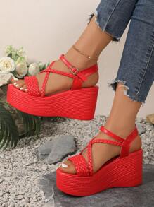 Plus Size Women's Woven Strap Buckle Open Toe Casual Anti-Slip Thick-Soled Comfortable Wedge Sandals, Versatile For Pants And Skirts, Summer - Red - View 8