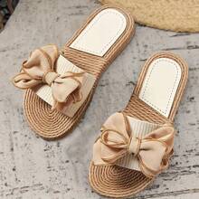 Beige Women's Slide Sandals With Floral Accents - Comfy Flat Sole, Open Toe, Breathable Fabric, Perfect For Beach & Casual Wear - Beige - View 2