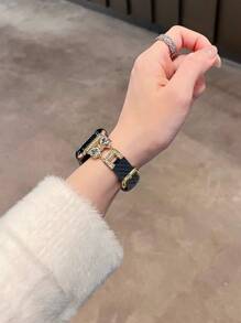 Dây đeo da mới với thiết kế nơ, tương thích với mặt đồng hồ 38/40/41/42/44/45/46/49mm, phù hợp với các mẫu đồng hồ Ultra/SE10/9/8/7/6/5/4/3/2/1 và các mẫu khác. - Vàng Đen - Xem 36