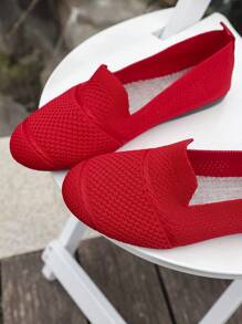 Women's Knitted Flat Mesh Sneakers, Round Toe Casual Slip-On Shoes For Daily Walking, Comfortable Mother Shoes