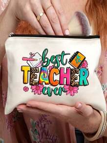 最佳教师字母印花化妆包，教师礼物，旅行礼品袋拉链袋，轻便收纳袋 - 米色 - 查看 3