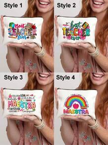 最佳教师字母印花化妆包，教师礼物，旅行礼品袋拉链袋，轻便收纳袋 - 米色 - 查看 1