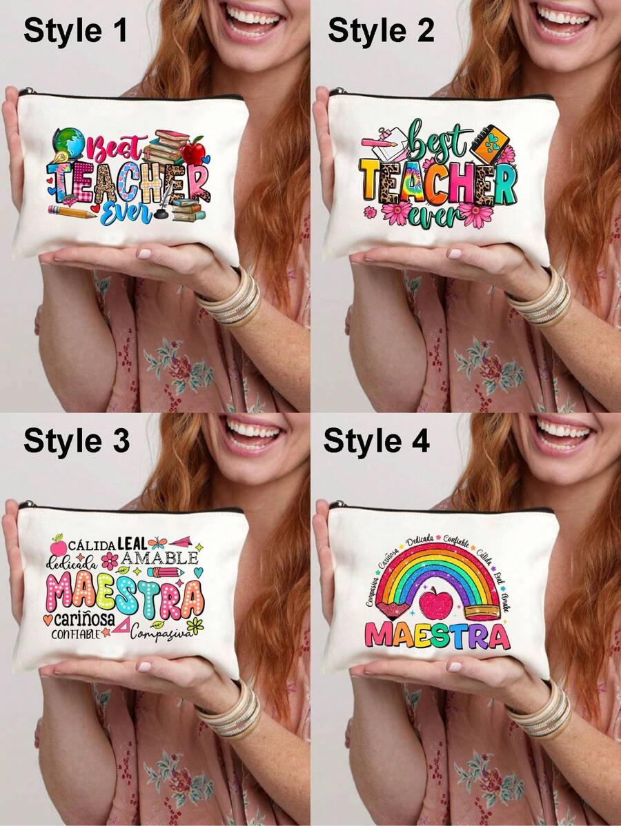 最佳教师字母印花化妆包，教师礼物，旅行礼品袋拉链袋，轻便收纳袋 - 米色 - 查看 1