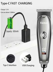 Kemei KM-637 Electric Hair Trimmer For Men T-Blade Clipper 0mm Gapped Carving Clipper Professional Barber Use Or Home Use Clipper Beard Trimmer Stainless Steel Blade Haircut Machine For Whole Families Daily Use Men Gift - 灰色 - 查看 8