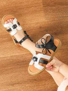 儿童平底凉鞋，女童鞋，夏季儿童凉鞋，黑白蝴蝶结设计 - 黑與白 - 查看 1