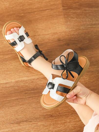 儿童平底凉鞋，女童鞋，夏季儿童凉鞋，黑白蝴蝶结设计