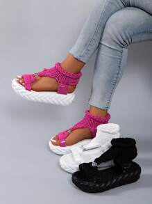 Handmade Woven Thick Sole Open-Toe Casual Comfort Woolen Round Button Slip-On Platform Sandals For Women, Summer
