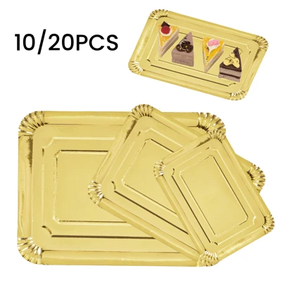 金色长方形一次性纸盘，大号，薄款，适合盛放饼干、蛋糕、甜点、小吃、开胃菜，适用于婚礼、家庭聚会、生日派对、野餐、烧烤、节日等场合。