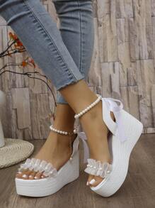Women's Thick Sole Pearl & Bow Decor Platform Sandals, Waterproof Casual Beach Party Shoes