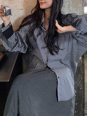 2025 新款休闲假日条纹衬衫外套，宽松设计长袖女式上衣