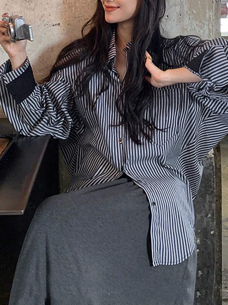 2025 新款休闲假日条纹衬衫外套，宽松设计长袖女式上衣