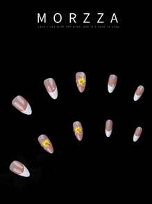 Instantly Upgrade Your Look With 24PCS Medium Almond White French Style Pastoral Style Yellow Floral&Elegant Classic Pearl Decor 3D Full Cover Fake Nail Kit Will Give Your Look A Lovely And Sweety Suitable For Spring Dating And Holiday Press On Nails