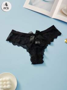 4PCS Sexy Lace Thongs Bow Women's Underwear Transparent Elastic G-String Solid Color Casual Panties For Women Soft And Light T-Back Black Pink White Lingerie Low Waist Tangas Fashionable Briefs - Multicolor - View 11