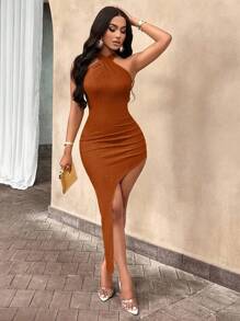 AIJ Amarilo Women's Summer Solid Color Sexy Cross Halterneck Open Back Off-The-Shoulder Flared High Slit Tight Hip Dress - Mocha Brown - View 6