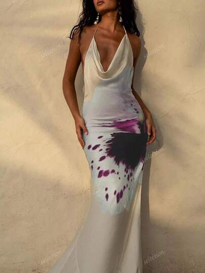 Women's Sexy Draped Neck Satin Floral Print Tie-Up Camisole Dress For Vacation