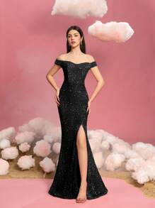 Vestido de noche de gala para adolescentes con hombros descubiertos, corte sirena con abertura alta y cola hasta el suelo - Vestido de fiesta formal sofisticado para adolescentes para galas, bailes de graduación, recepciones de boda, eventos de alfombra roja y cenas de etiqueta - Negro - Ver 2