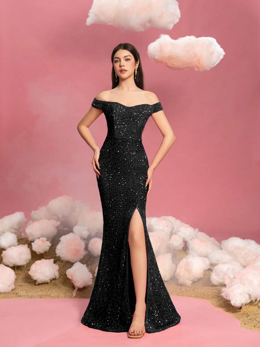 Vestido de noche de gala para adolescentes con hombros descubiertos, corte sirena con abertura alta y cola hasta el suelo - Vestido de fiesta formal sofisticado para adolescentes para galas, bailes de graduación, recepciones de boda, eventos de alfombra roja y cenas de etiqueta