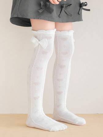 1 par de calcetines de rodilla ligeros y suaves con acento de lazo estilo princesa para niñas, color blanco, adecuados para la vida diaria en primavera y otoño