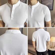 Men's 3 Button Henley T-Shirt With Priest Collar Slim Cotton Premium Portuguese Priest Collar Polo Shirt - 白色 - 查看 3