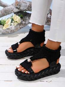 Handmade Woven Thick Sole Open-Toe Casual Comfort Woolen Round Button Slip-On Platform Sandals For Women, Summer