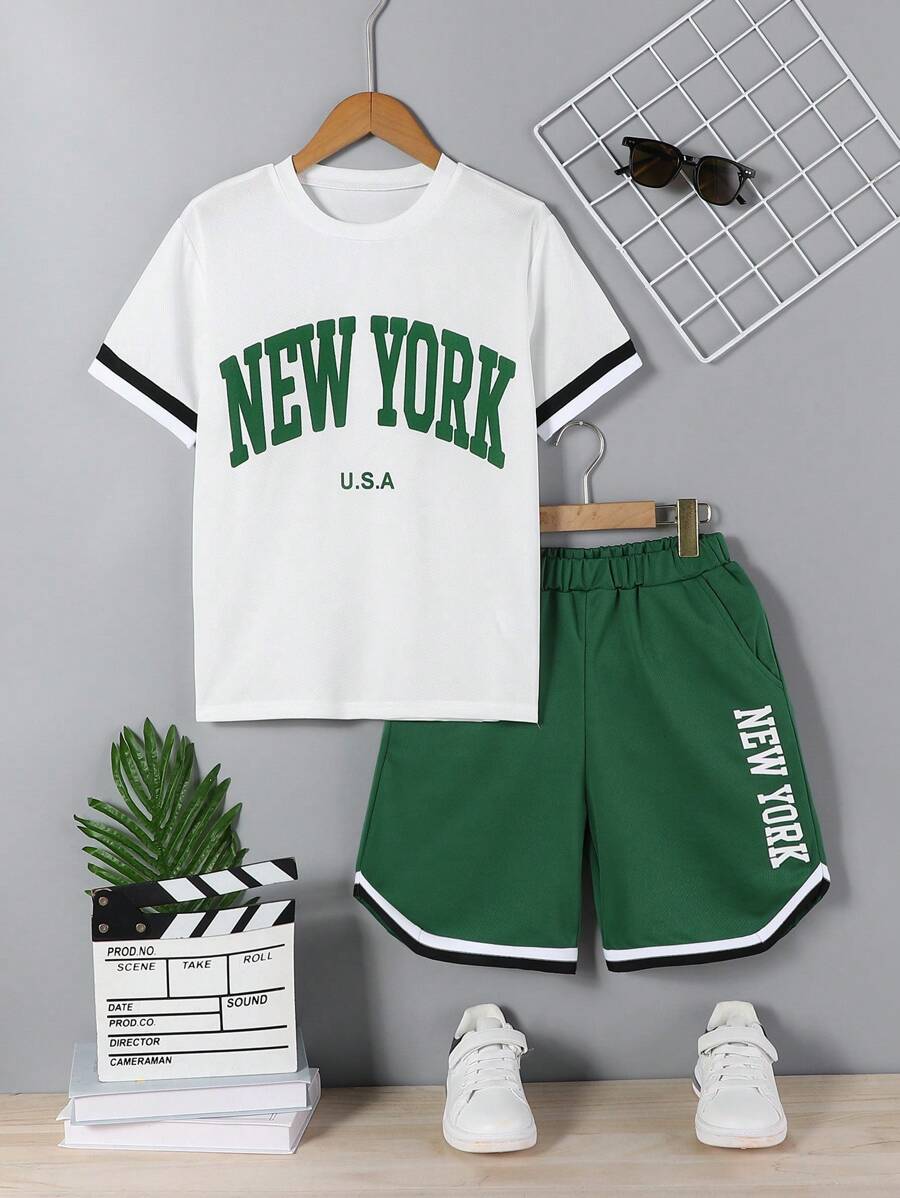 2 Stücke/Set modisches, simples Buchstabenprint Lässig Strick Sport Rundhals Kurzarm T-Shirt & Shorts Set für Jungen im Alter von 8-12 Jahren - Weiss - Übersicht 1