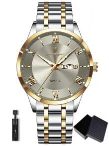 1 pieza Reloj de pulsera de cuarzo de acero inoxidable dorado con estilo de negocios para hombres, con calendario de semana y doble pantalla, resistente al agua 30M, función de manecillas luminosas, reloj casual para hombres con estuche, juego de regalo para hombres