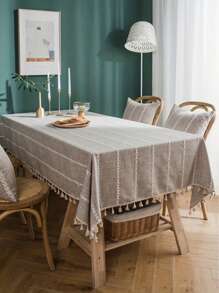 1pc Rustic Style Beige Multi-Line Tablecloth, Rectangular Coffee Table, TV Cabinet, Decorative Dining Table Cover For Kitchen, Family Gathering, Outdoor Picnic - Multicolor - View 7