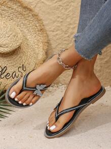 女士新款夏季水钻蝴蝶人字平底凉鞋，时尚百搭休闲沙滩一脚蹬拖鞋 - 黑色 - 查看 2