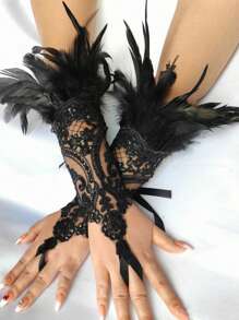 1 双哥特式蕾丝羽毛露指手套，长袖腕口，女士服装配饰，万圣节
