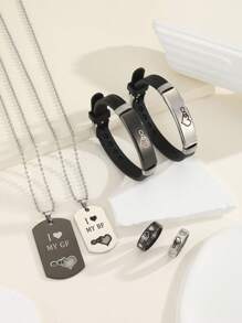 ATLVXJL 6 件/套发光心形“我永远爱我的男朋友/女朋友”字母不锈钢情侣项链、手链、戒指首饰套装、情人节礼物、日常佩戴、妈妈、母亲、母亲节、礼物 - 彩色 - 查看 2