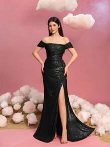Teen Girls' Elegant Off-Shoulder Floor-Length Gown With Cascading Side Sash & High Leg Slit - Sequined Glitter Formal Dress For Pageant Princesses, Red Carpet Galas, Black-Tie Weddings, Grand Celebrations, And Luxury Evening Events - Black - View 4