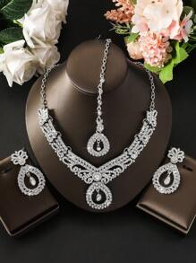 Juego de joyería de 4 piezas, lujoso y elegante, con cristales, que incluye aretes, collar, accesorio para el cabello, adecuado para novia de Dubái, fiesta de boda - conjunto de joyas - Ver 7