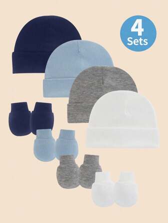 4Sets Blue Newborn Hospital Hat Baby Hat And Anti Scratch Mittens Set For 0-3 Months Newborn Baby Boys Essentials Bonnet Infant Beanie Caps And Gloves Casual Everyday Hat