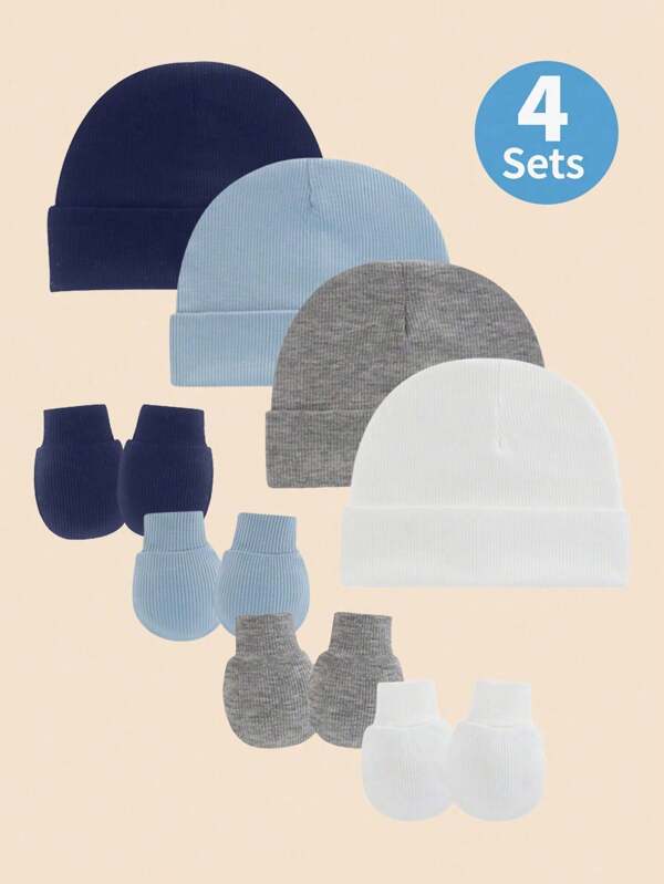 4 conjuntos de chapéu hospitalar azul para recém-nascidos, chapéu para bebê e luvas anti-riscos, conjunto para recém-nascidos de 0 a 3 meses, itens essenciais para meninos, gorros e luvas infantis, chapéu casual para o dia a dia