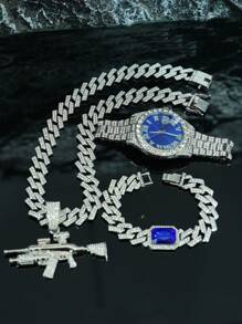 1 Set Men's Personalized Alloy Rhinestone Embellished Rifle Pendant Necklace, Gemstone Bracelet, Watch, European & American Stylish Hip-Hop Accessory, High-End Gift Box - Gun Set - View 9