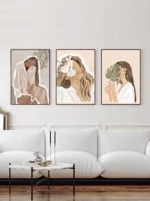 3 件套无框帆布墙面艺术拉伸，美丽女孩抽象海报适用于家庭客厅办公室装饰