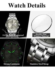1 pieza Reloj de pulsera de cuarzo de acero inoxidable dorado con estilo de negocios para hombres, con calendario de semana y doble pantalla, resistente al agua 30M, función de manecillas luminosas, reloj casual para hombres con estuche, juego de regalo para hombres