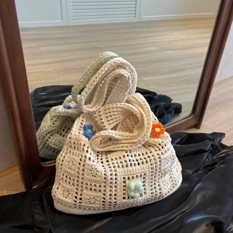 Designer Flower Knitted Handbags Female Large Capacity Totes Women's Pack Summer Beach Bag Purses Hollow Woven Shoulder Bags