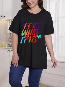 ملابس علوية نسائية كاجوال ذات طباعة حرفية، رقبة دائرية وأكمام قصيرة، طراز خفيف وناعم للصيف في المقاسات الكبيرة - الأسود - مشاهدة 4