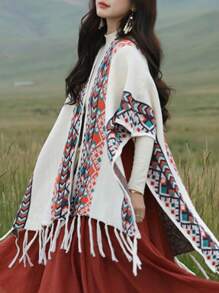 1pc Bohemian Style Retro Print Scarf Shawl, New Women Long Knit Poncho Cape Cloak Outwear Wrap