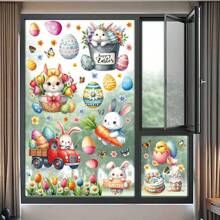 88pcs/9 Sheets Easter Garden Eggs Rabbit Refrigerator Cabinet Window Stickers - Reusable Home Decoration Static Cling Window Decals Gifts Birthday Graduation - Multicolor - View 2