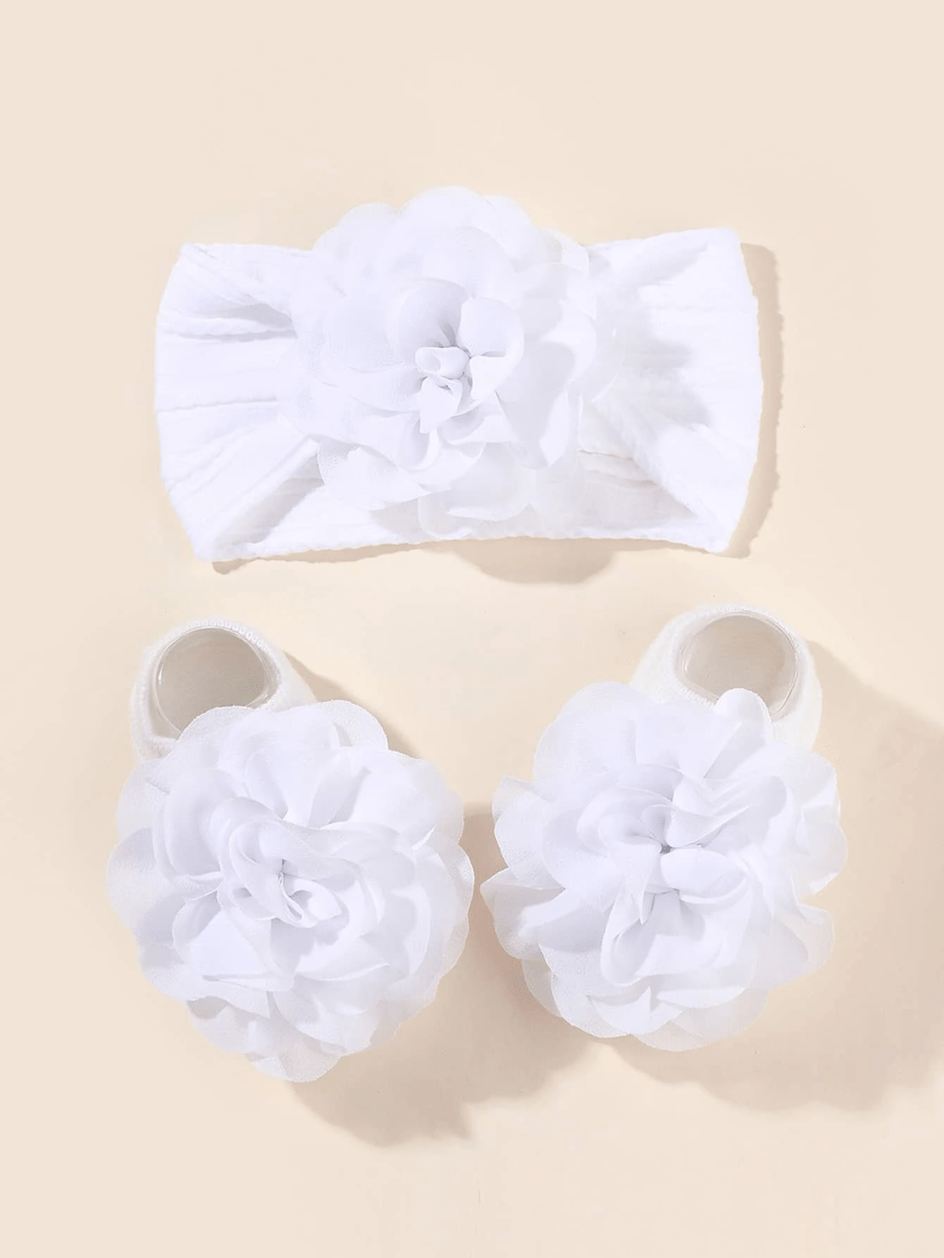 1 Bộ băng đô thun nylon cho bé + Tất trang trí họa tiết hoa voan - trắng - Xem 1