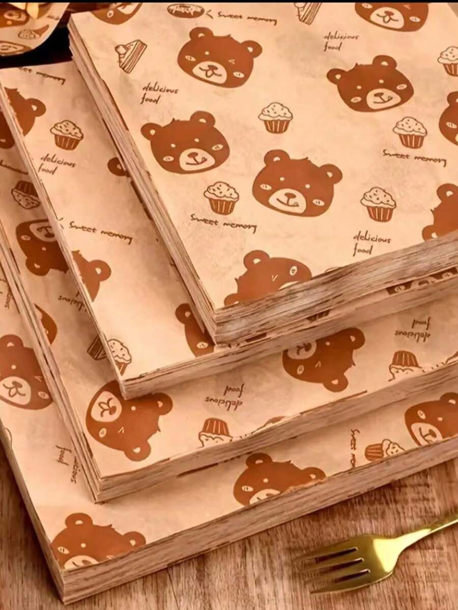 50 张/包可爱卡通熊图案烘焙羊皮纸、防油包装纸、万圣节、圣诞节、感恩节、厨房配件、包装纸、烘焙、三明治、汉堡、薯条。