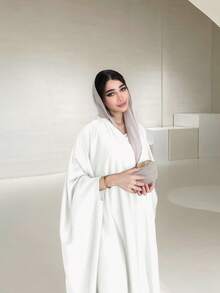 Women's Solid Color Middle Eastern Dignified Jacket, Fashionable Lightweight Batwing Sleeve Cardigan Long Robe With Belt, No Headscarf - White - View 2