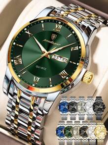 1 pieza Reloj de pulsera de cuarzo de acero inoxidable dorado con estilo de negocios para hombres, con calendario de semana y doble pantalla, resistente al agua 30M, función de manecillas luminosas, reloj casual para hombres con estuche, juego de regalo para hombres