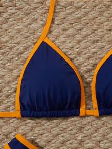 Bikini dây buộc màu tương phản gợi cảm cho kỳ nghỉ bãi biển mùa xuân hè của phụ nữ - Màu xanh hải quân - Xem 5