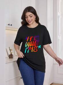 Women's Plus Size Letter Print Casual Summer T-Shirt, Round Neck Short Sleeve Top, Light And Comfortable Style