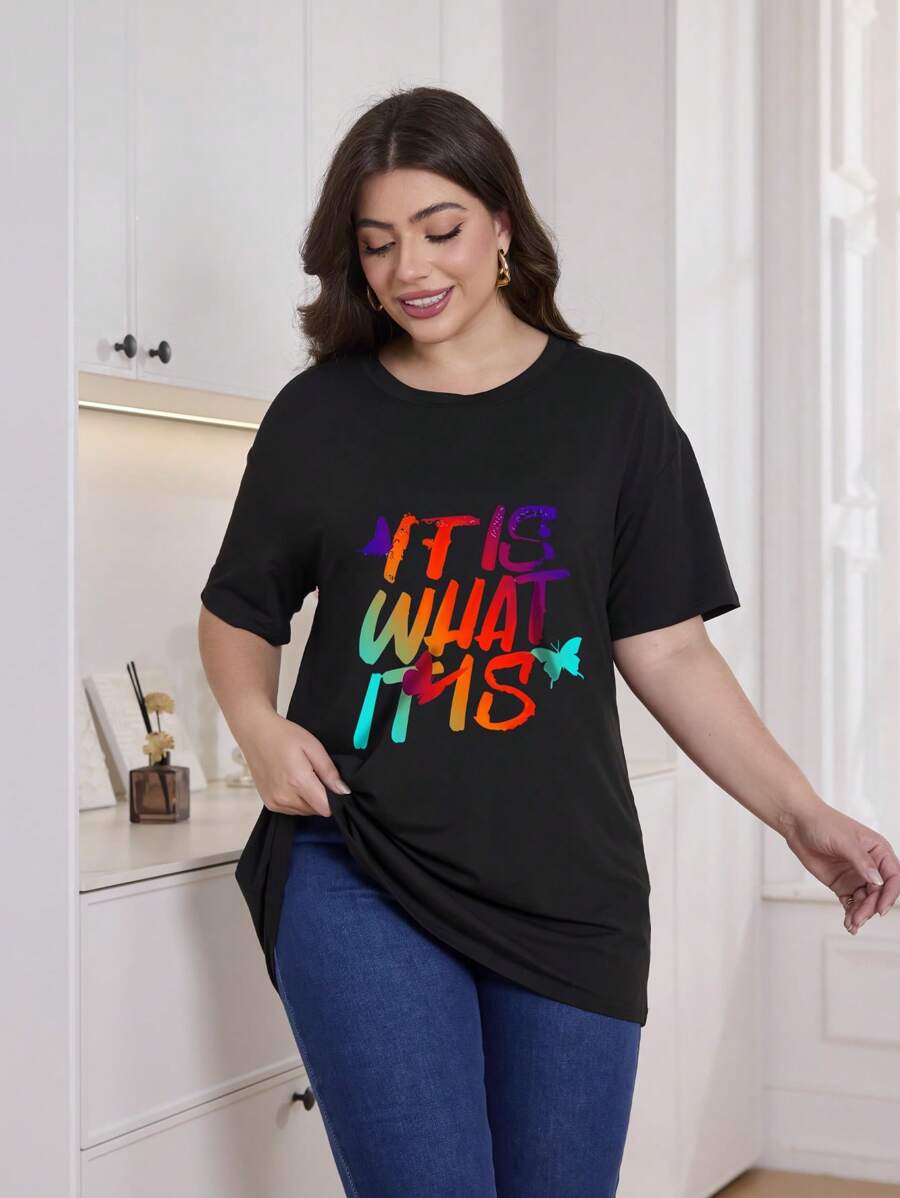 Women's Plus Size Letter Print Casual Summer T-Shirt, Round Neck Short Sleeve Top, Light And Comfortable Style