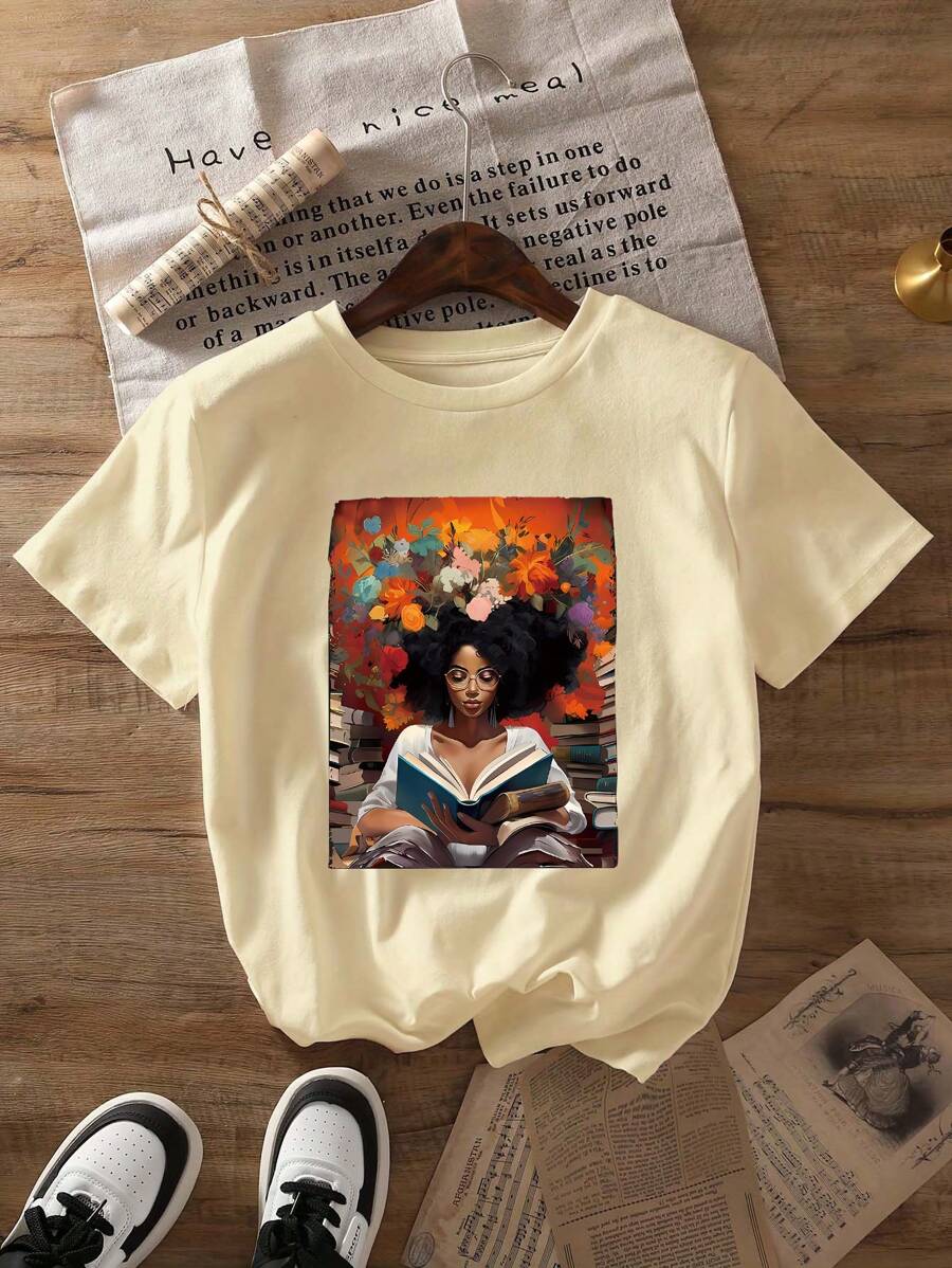 Summer Casual Women's Round Neck T-Shirt, Slim Fit Short Sleeved T-Shirt - 杏色 - 查看 1